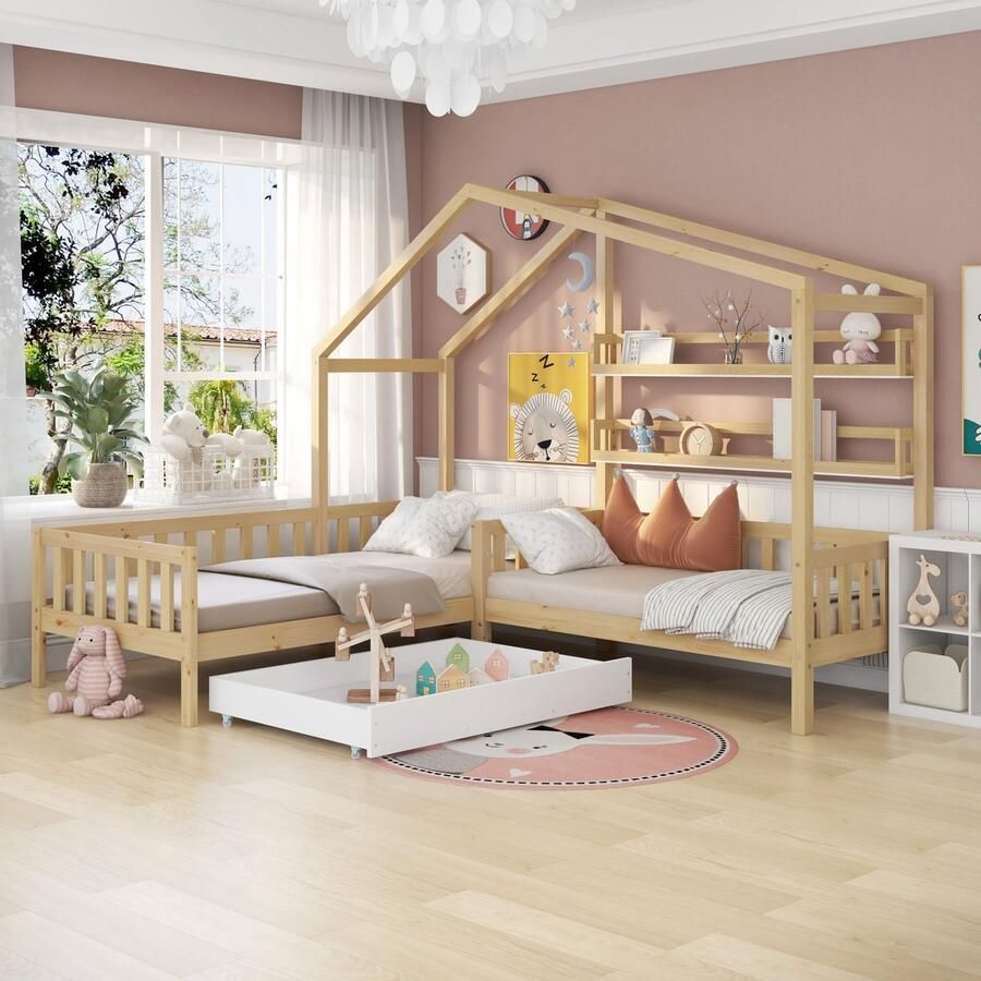 SONNENH Kinderbett Hausbett-Massivholz-90x200 cm+140x70 cm-Schubladen und Regalen-L-Struktur-Zaun und Lattenrost-Natur