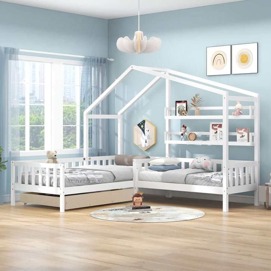 Ojiuboo L-vormig boomhutbed voor kinderen wit massief houten frame met lades en planken opbergruimte met hek geschikt voor matrassen van 90x200 + 140x70 cm