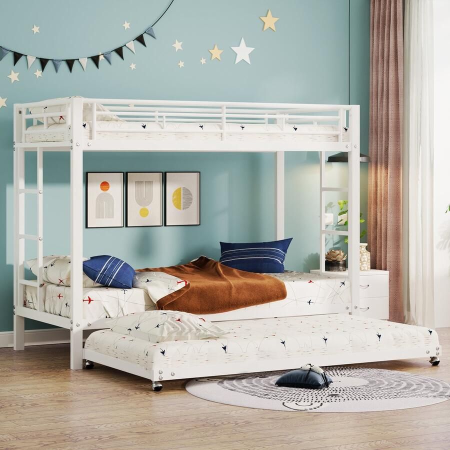 Pugsdrly 90*200 cm stapelbed ijzeren frame kinderbed voorzien van uitschuifbaar bed hoge leuningen EN747-gecertificeerd robuuste constructie wit
