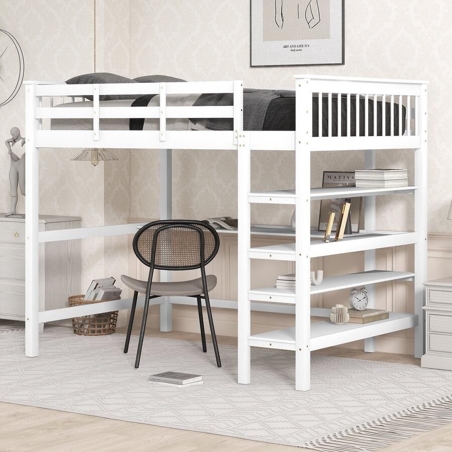 Sweiko Kinderbed Kinderloft bed Hoogdslaper met Opbergvakken en Bedbureau 140 x 200cm Wit.(Zonder stoelen)
