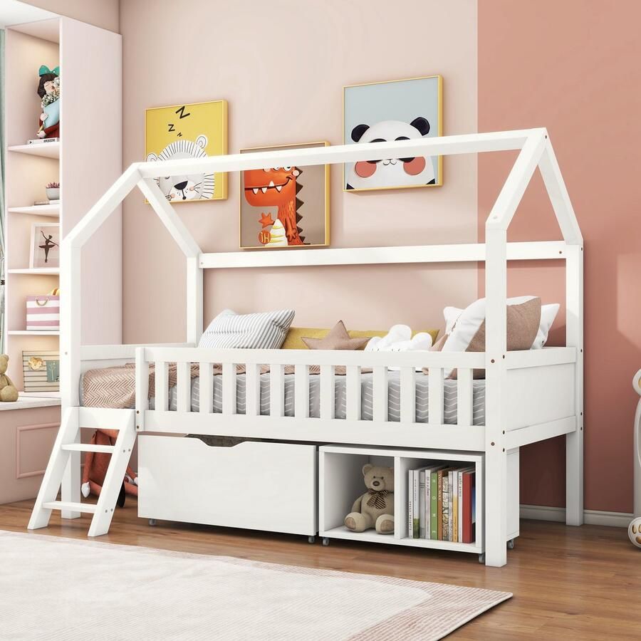 KOMHTOM huisbed Kinderbed Jeugdbed 200x90 Met lades en opbergvakken Geschikt voor jongens en meisjes Met anti-valhek wit - Foto 2