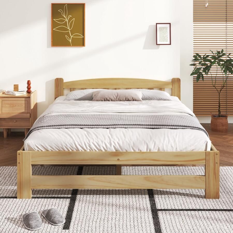 Ojiuboo -Massief houten tweepersoonsbed Natuurlijk grenen futonbed Met hoofdbord + 15 latten + centrale steunpoot Geschikt voor tieners en volwassenen Natuurlijke kleur 140x200cm