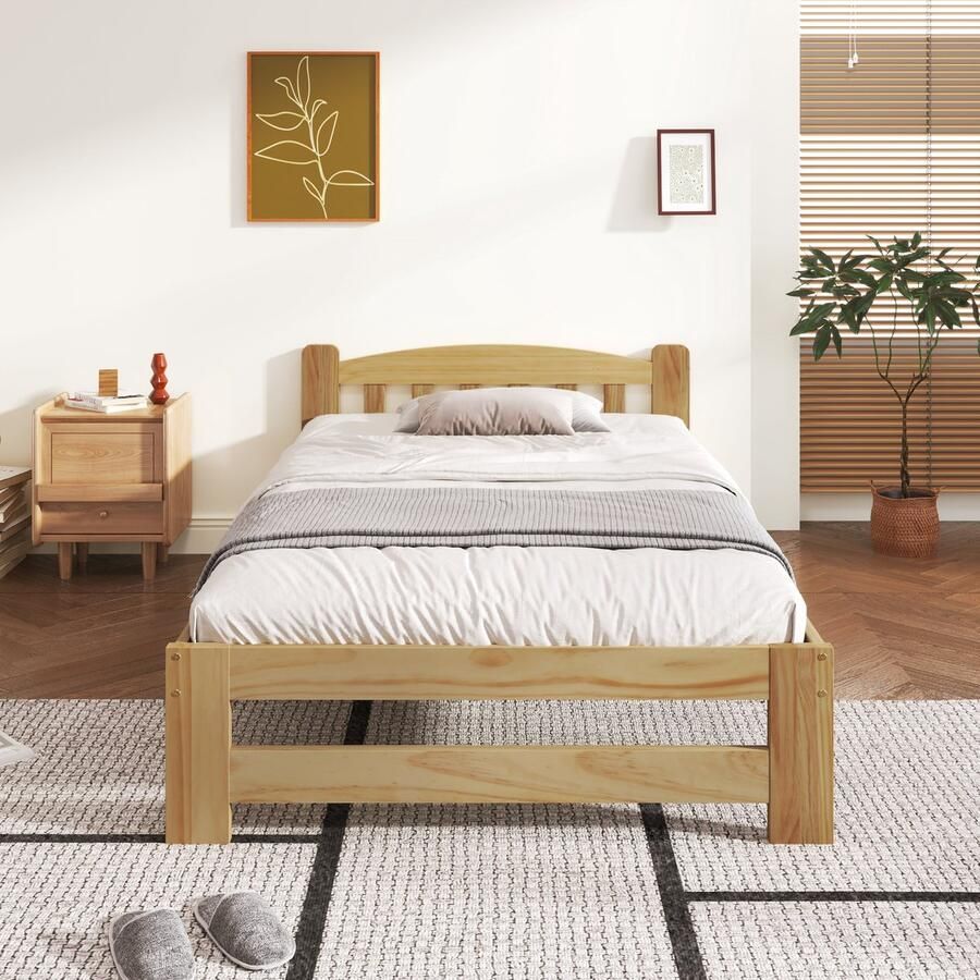 SONNENH Massief houten futonbed 90x200 cm massief hout naturel hoofdpaneel lattenbodem jeugd- en volwassenbed