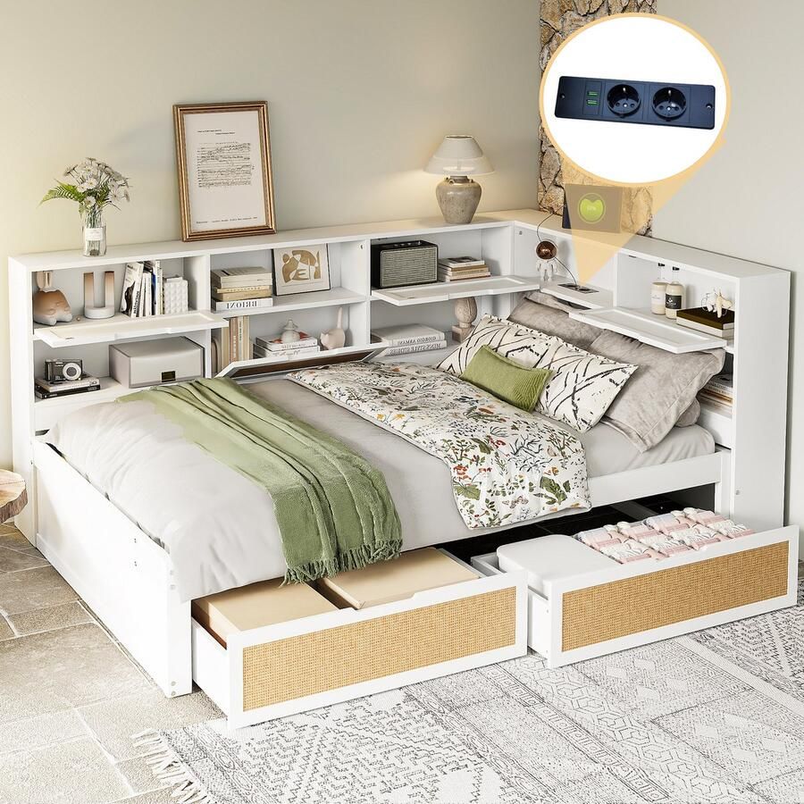 SONNENH Massief houten slaapbank 140*200 met schublade multifunctioneel eenpersoonsbed kinderbed met veel opbergvakken en laadconnector Wit