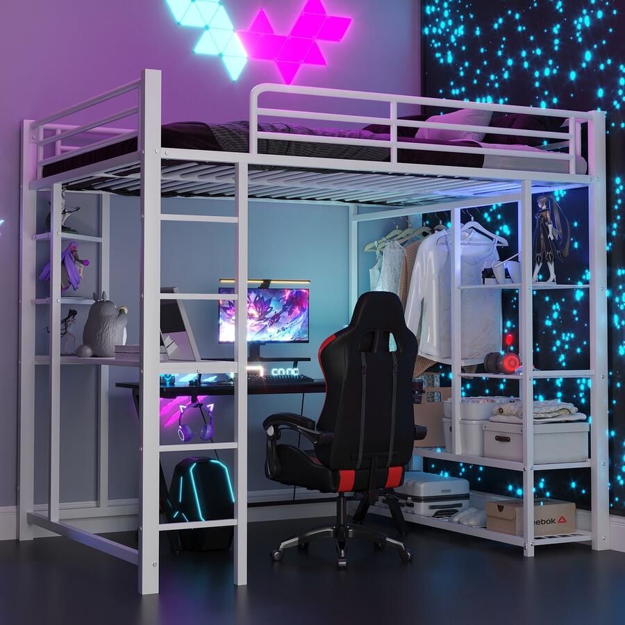 SONNENH Metall-Hochbett-140*200 cm-Juniorbett Doppelbett-met Tisch-met einfachen Kleiderbügeln-met Ablagefächern-Weiβ