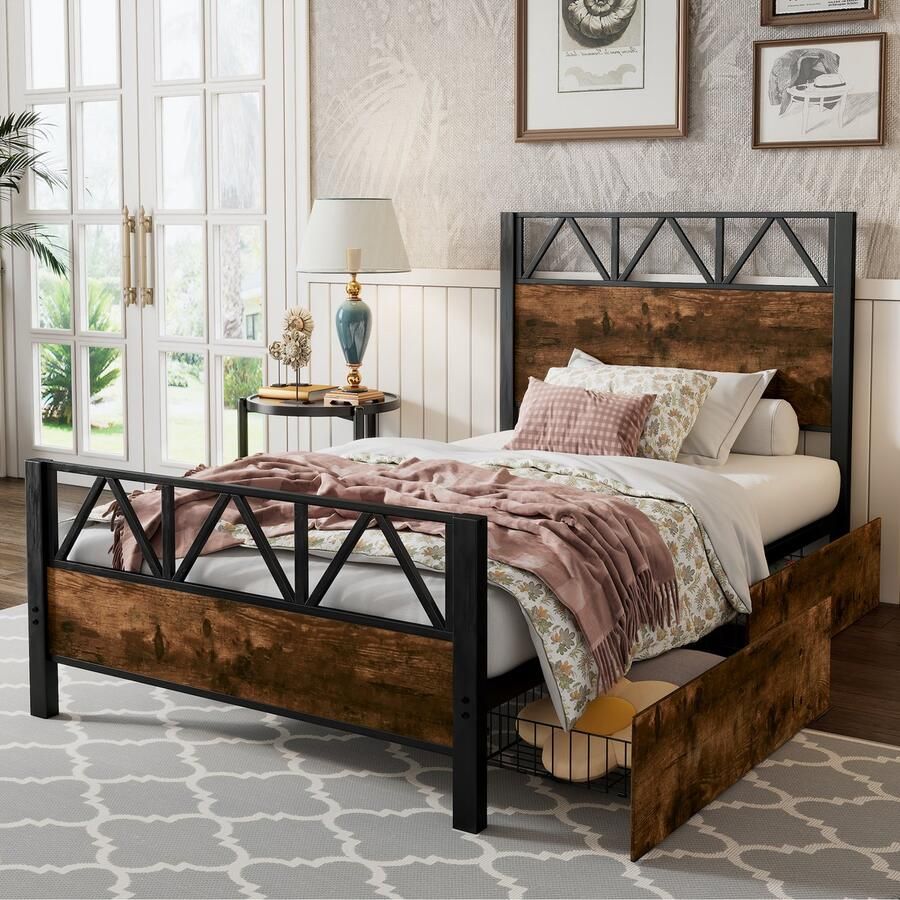 Merax Bed Kinderbed Vintage hout Twee lades op wielen Tiener en volwassene Metalen frame Zwart walnoot 90x200cm