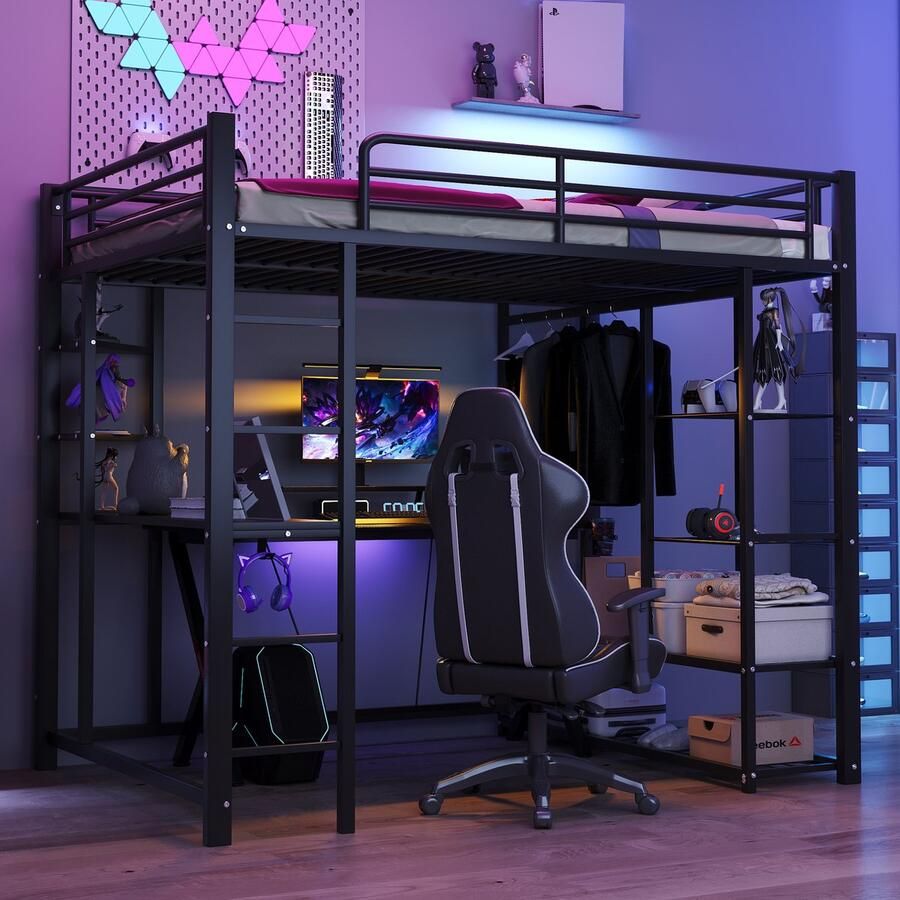 Pugsdrly Metalen hoogslaper met ladder 140*200 cm juniorbed tweepersoonsbed met tafel met eenvoudige kledinghangers met opbergvakken zwart