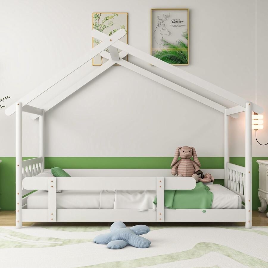 SONNENH Mooi huisbed massief hout met rooster en lattenbodem met valbeveiliging voor kinderen en tieners wit (90x190cm)
