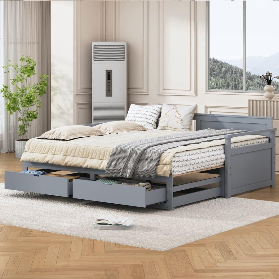 SONNENH Multifunctioneel 2-in-1-dagbed 90 (180) x 190 met kiefernhouten bedframe uitschuifbaar met lade(s) grijs