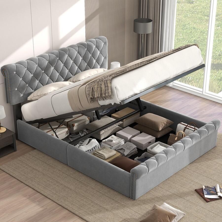 Merax 140 x 190 cm Gestoffeerd bed met veel opbergruimte Tweepersoonsbed opbergbed Verstelbaar hoofdeinde Zonder matras Grijs