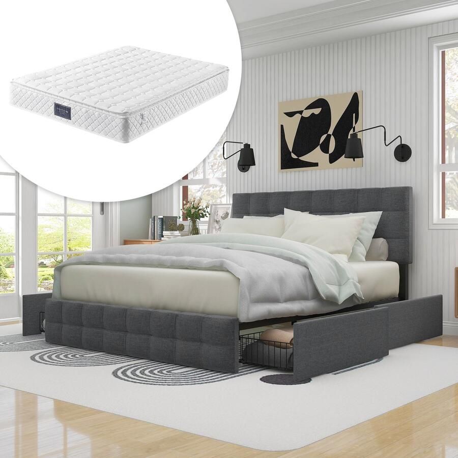 SONNENH Polsterbett-140*200 cm-4 Schubladen-Federkernmatratze-Höhenverstellbares Kopfteil-Metalllattenstütze-Leinenmaterial