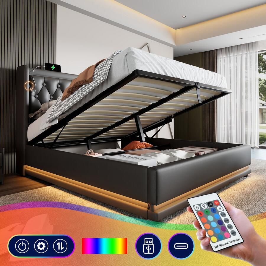 SONNENH Polsterbed – 140*200 cm – Zwart PU-materiaal – Hydraulisch opbergbed – Gepolsterd hoofdeinde met USB Type-C-oplaadfunctie – Driewerkende LED-verlichting (zonder matras)