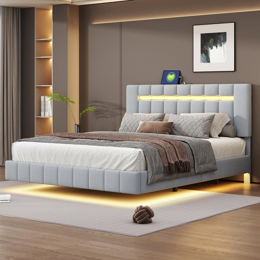 Merax Gestoffeerd bed 160 x 200 cm verstelbaar hoofdeinde met LED-verlichting tweepersoonsbed grijs zonder matras