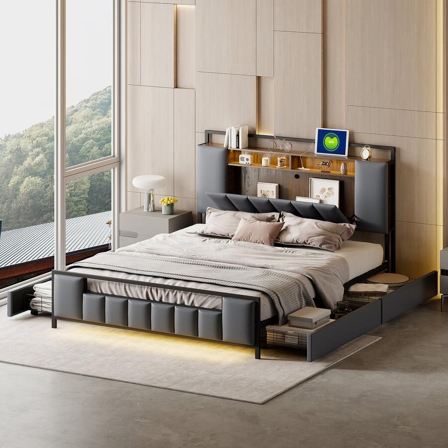 SONNENH Polsterbed 160x200 cm – Multifunctioneel bed met LED-verlichting USB-stopcontact schuifkasten bedframe van massief ijzer geschikt als jeugd- en volwassenenbed tweepersoonsbed grijze kunstleer afwerking