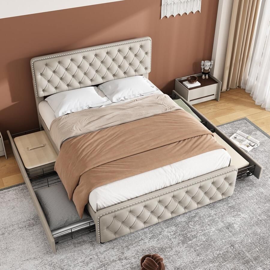 Merax Gestoffeerd Bed 180x200 cm Opbergbed met Opbergruimte Tweepersoonsbed met 4 Lades Verstelbaar hoofdeinde Beige Zonder matras