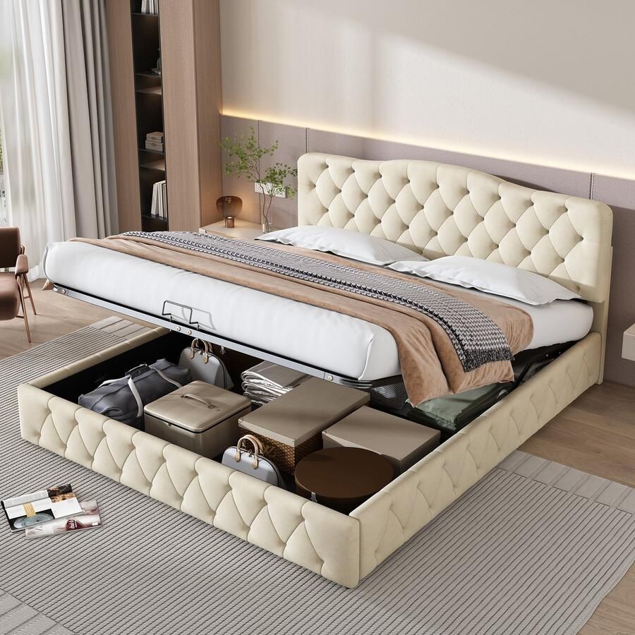 Merax 180 x 200 cm Gestoffeerd bed Tweepersoonsbed Opbergbed met opbergruimte Verstelbaar hoofdeinde Zonder matras Beige
