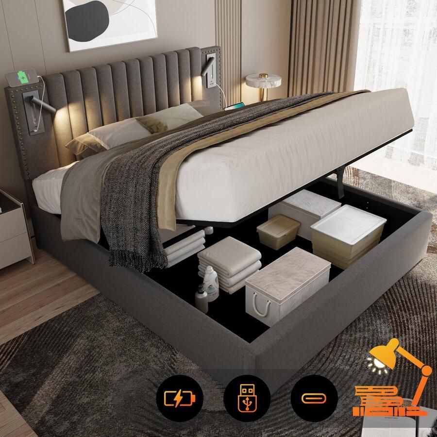 SONNENH Polsterbett-180x200-Doppelbett met opbergruimte-LEeslamp met USB-oplaadfunctie in het hoofdgedeelte-Rugleuning met boutontwerp-Lattenrost en opbergkist-Baumwol-Grijs (zonder matras)
