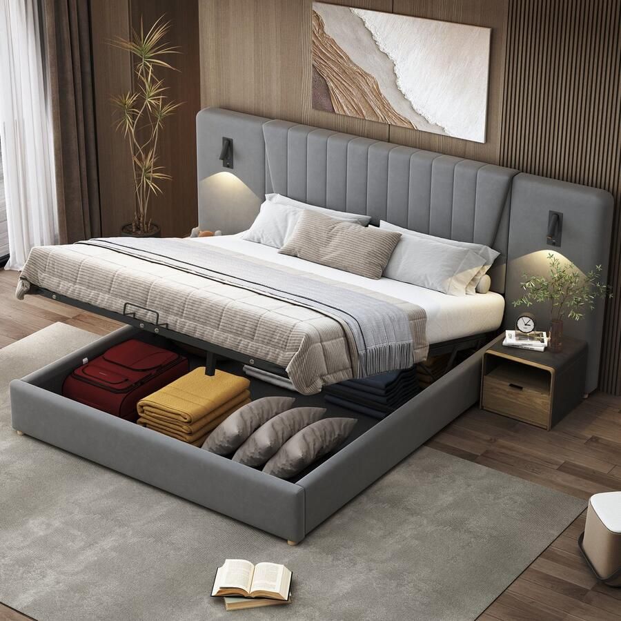 SONNENH Polsterbed 180x200 cm – Uitklapbare rugsteun – Verstelbare leeslamp – USB-oplaadpoort