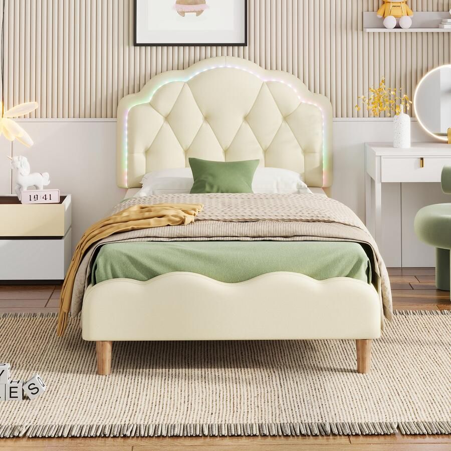 Merax Gestoffeerd bed golvend hoofdeinde met trekstrippen LED-verlichting kinderbed eenpersoonsbed wit 90x200 cm