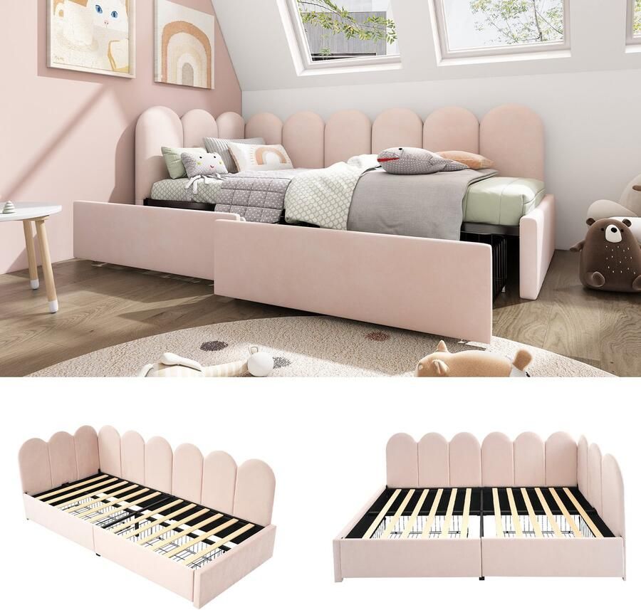 SONNENH Polsterbed 90x200 cm met Laden Zijdeachtig Roosterbodem voor tieners en volwassenen Roze (zonder matras)