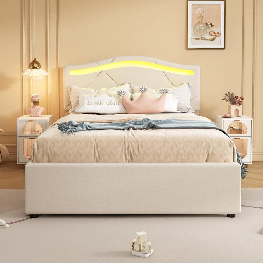 Merax Gestoffeerd bed 90x200 cm zonder matras op afstand bedienbare kamerverlichting bed met twee lades verstelbaar hoofdeinde beige