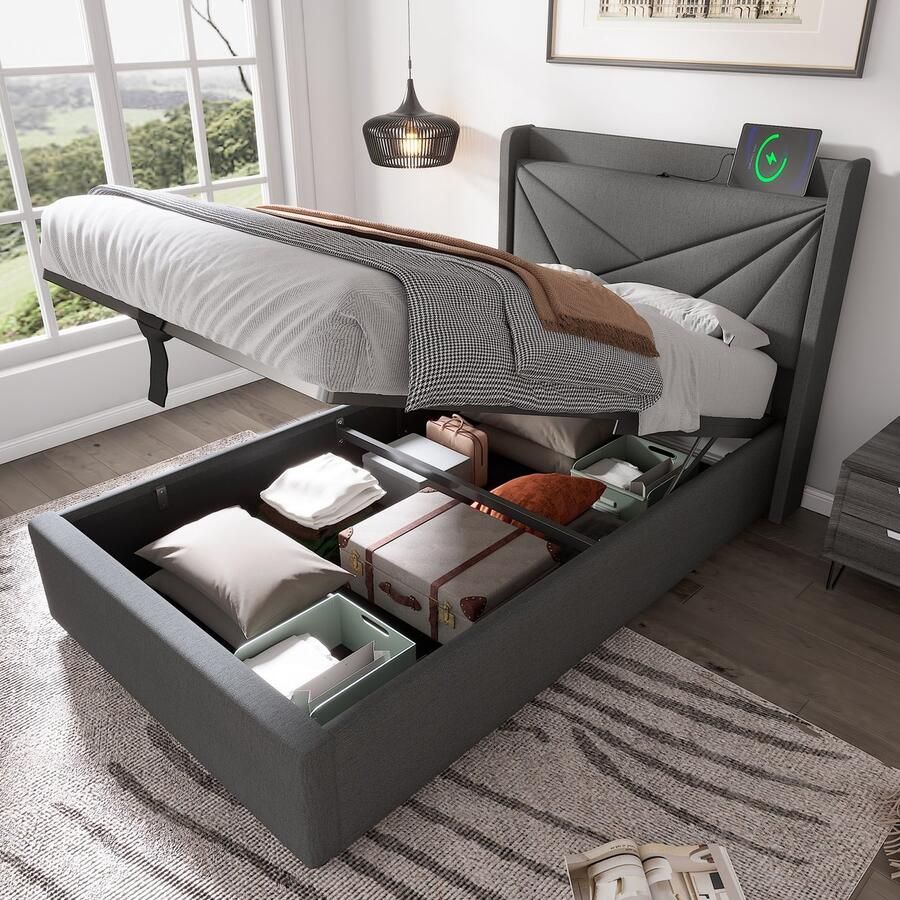 SONNENH Polsterbed 90x200 Opbergruimte bedkist USB Type-C oplaadfunctie Jongerenbed uit linnenmateriaal met lattenbodem (Zonder matras)