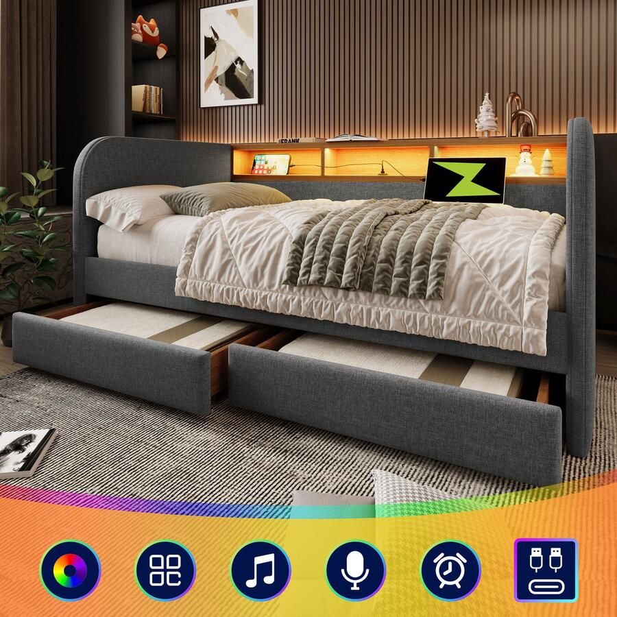 SONNENH Polsterbed Dagbed 140x190 cm Slaapbank met LED-verlichting en USB-C oplaadfunktie 2 laden en opbergmogelijkheid hoofdsteun linnen grijs (zonder matras)