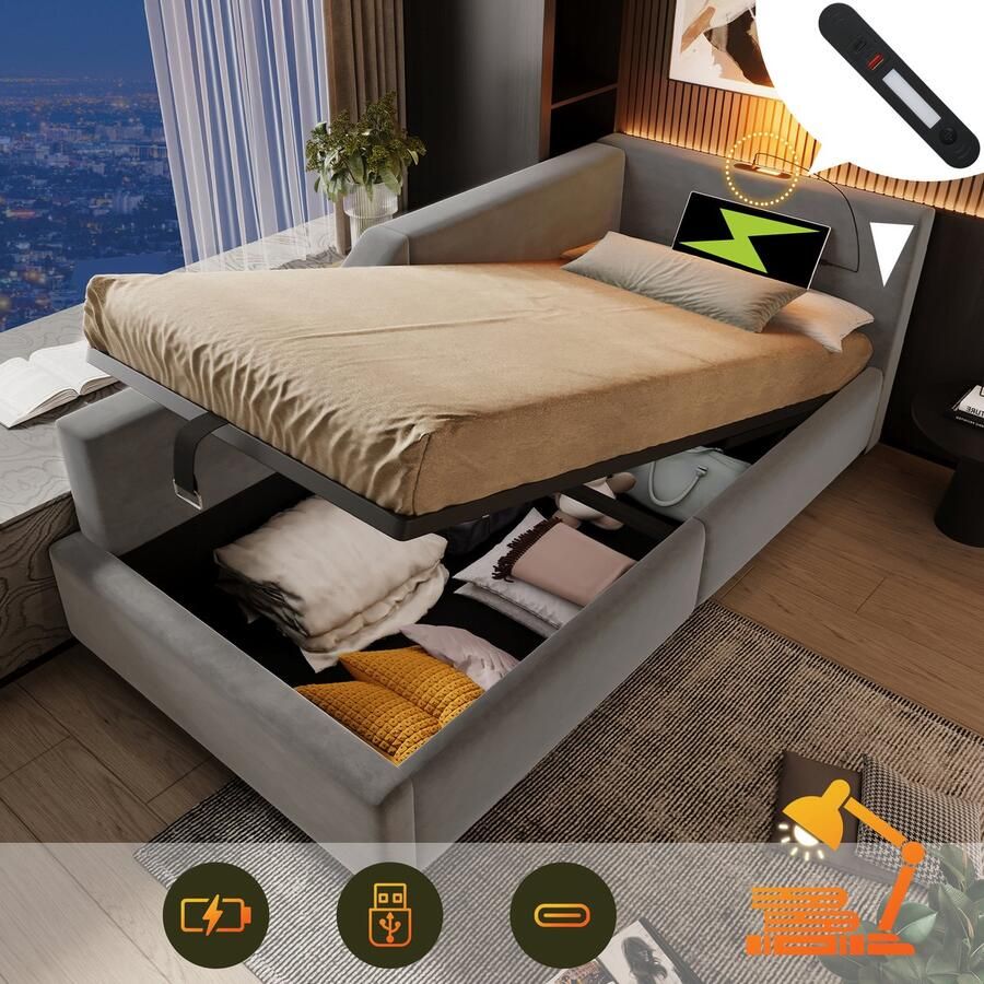 SONNENH Polsterbett Tagesbett Daybett 90x200cm Schlafsofa met hydraulische opbergruimte Leeslichtfunctie USB-C-oplaadfunctie