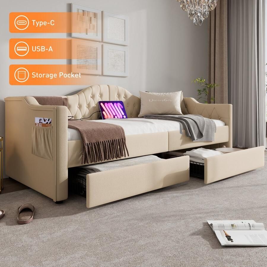 SONNENH Polsterbett Daybett Schlafsofa Stauraumbett 90x200cm USB Type C Ladefunktion 2 Schubladen Beige Samt Bettgestell (Ohne Matratze)