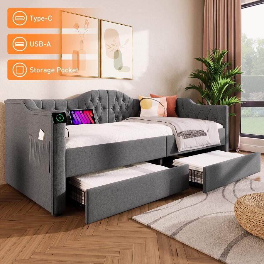 SONNENH Polsterbett Daybett Schlafsofa Stauraumbett Bettgestell 90x190cm USB Type C Ladefunktion 2 Schubladen Grau Linen (Ohne Matratze)