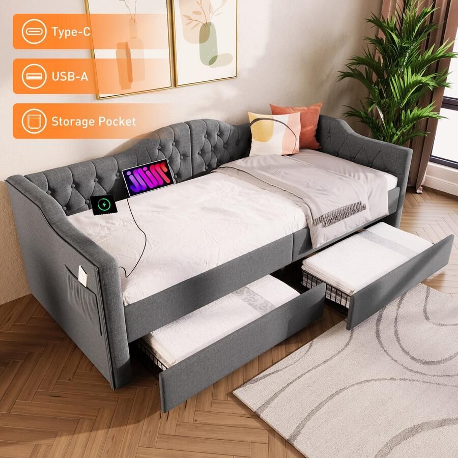 SONNENH Polsterbett Daybett Schlafsofa Stauraumbett-90x200cm-met USB Type C-ladefunktion-2 Schubladen-Grau Linen (Ohne Matratze)