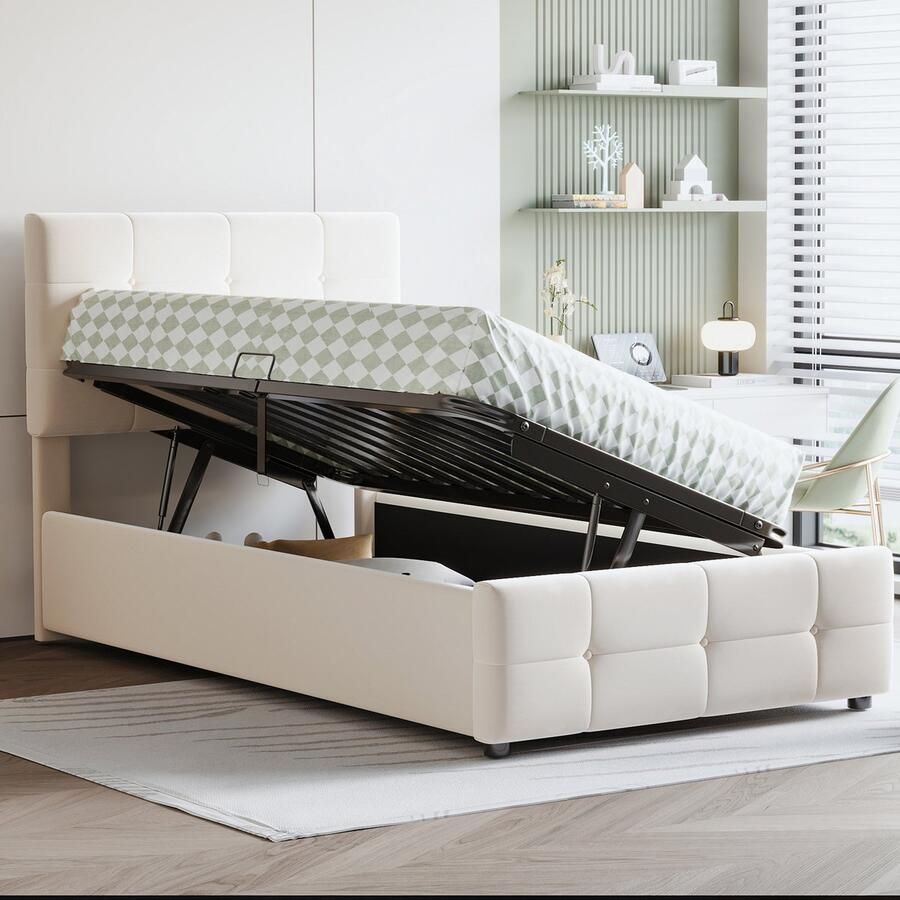 HAUSS SPOLE Gestoffeerd Bed 90x200 Cm Eenpersoonsbed Met Hydraulische Opbergruimte Stevig Houten En Metalen Frame Fluwelen Bekleding Luxe Slaapcomfort Beige - Foto 2