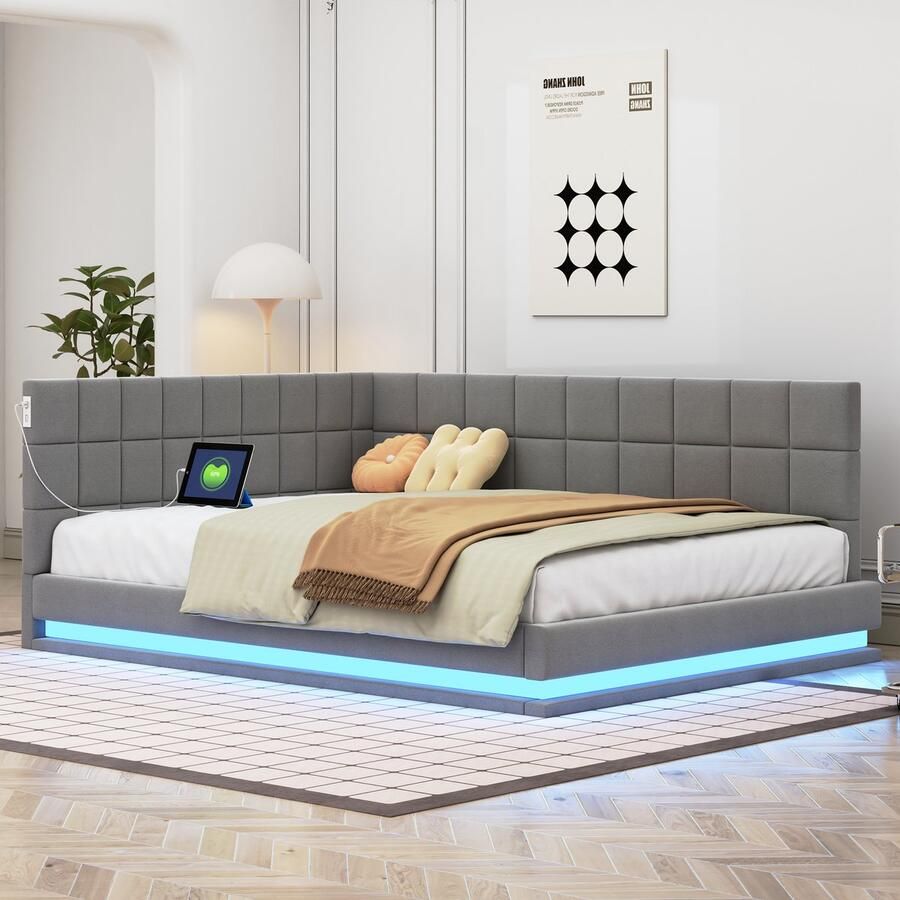 SONNENH Polsterbed slaapbank 140 x 200 multifunctioneel bed LED-lichtstrip USB-stopcontact lattenbodem huidvriendelijk fluweel grijs