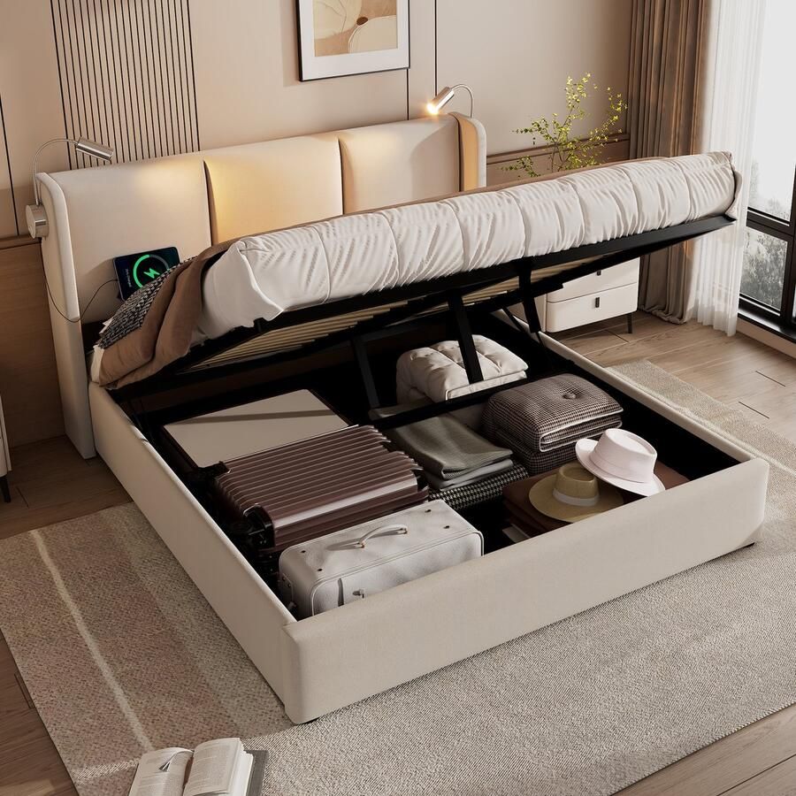 SONNENH Polsterbed tweepersoons 140x200 linnen stof opbergcompartiment bedkist leeslamp met USB-oplaadfunctie