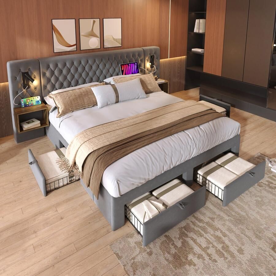 KOMHTOM Complete slaapkamerset gestoffeerd tweepersoonsbed 160×200 cm met 2 nachtkastjes en 4 lades hoofdeinde met leeslampje en USB-oplaadfunctie grijs fluweel (zonder matras) - Foto 2
