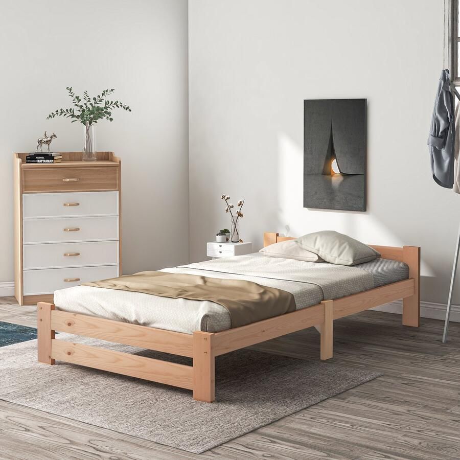 SONNENH Solide massief houten bed – 200x90 cm – Futonbed – Natuurlijk massief hout – Met hoofdsteun en lattenbodem