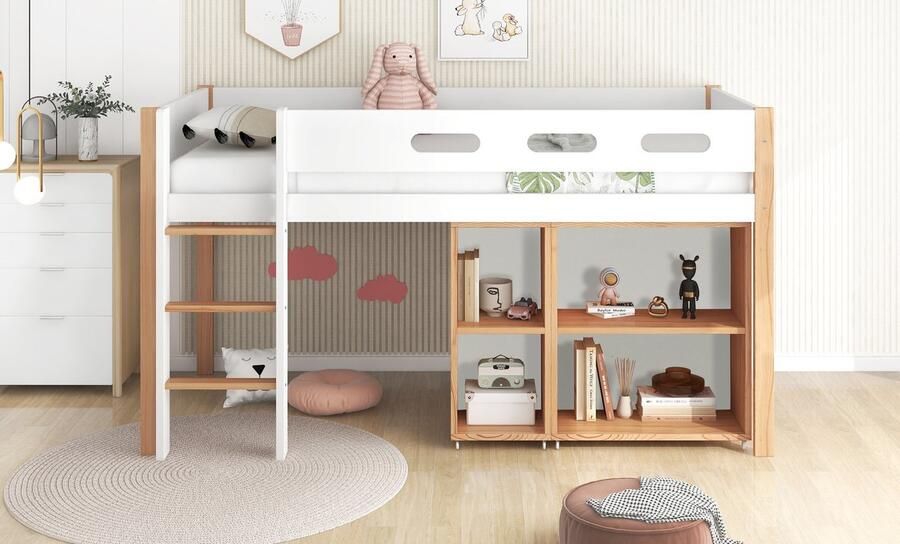 SONNENH Stapelbed met opbergruimte en verplaatsbare kledingkast hoogslaper met drie-trede haakse trap grenen + MDF naturel + wit 90x200 cm