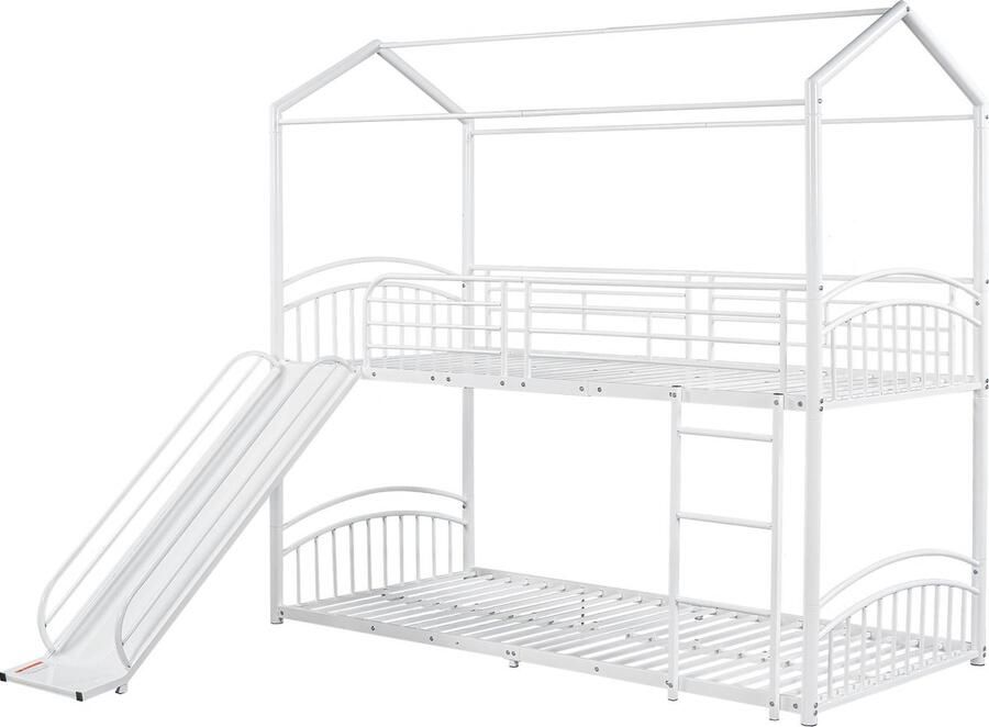 SONNENH Stapelbed met trap met haakse ladder huisbed met glijbaan kinderbed en jeugdbed met valbeveiliging en rooster metalen frame wit (90x200cm)