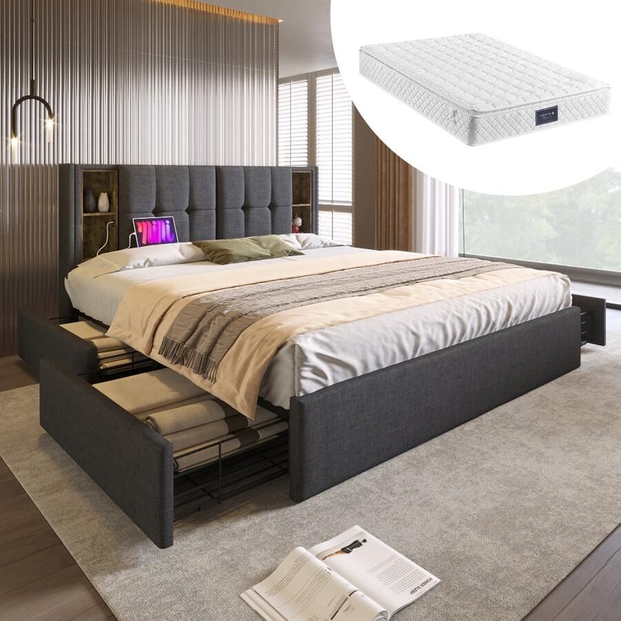 Singularity -Tweepersoonsbed met draadloos opladen USB C & 4 lades- gestoffeerd bedframe 160x200cm- lattenbodem van houtgrijs linnen met matras - Foto 2