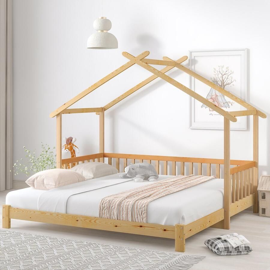 SONNENH Uitbreidbaar boomhutbed – 200x90 cm – Huisbed kinderbed dagbed eenpersoons- en tweepersoonsbed – puur massief hout – natuur