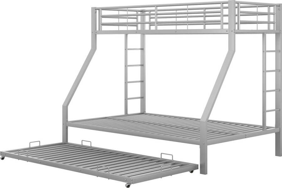 SONNENH Stapelbed metalen bed met uitschuifbaar bed met ladder aan beide zijden voor kinderen tieners volwassenen eenvoudig te monteren 90(140)x200cm zilver