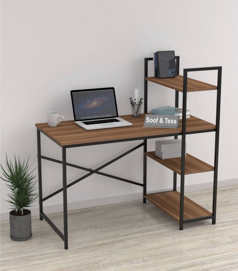 Soof&Tess Bureau Computertafel met planken Thuiskantoor Industrieel Vintage WALNUT zwart - Foto 2