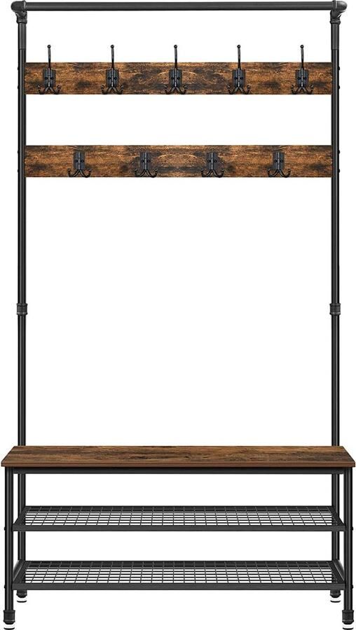 Soof & Tess Kapstok Garderobe Kapstok met bankje Robuust Met pijpelementen Garderoberek 9-haaks Industrieel Vintage Kledingrek Schoenenrek Donkerbruin HSR47BX