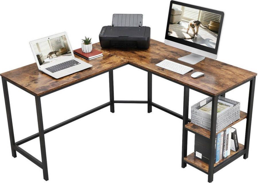 Soof & Tess Soph & Tess L-Vormig Hoekbureau met Legplanken en 2 Tafelbladen Vintage Bureau Zwart Bruin