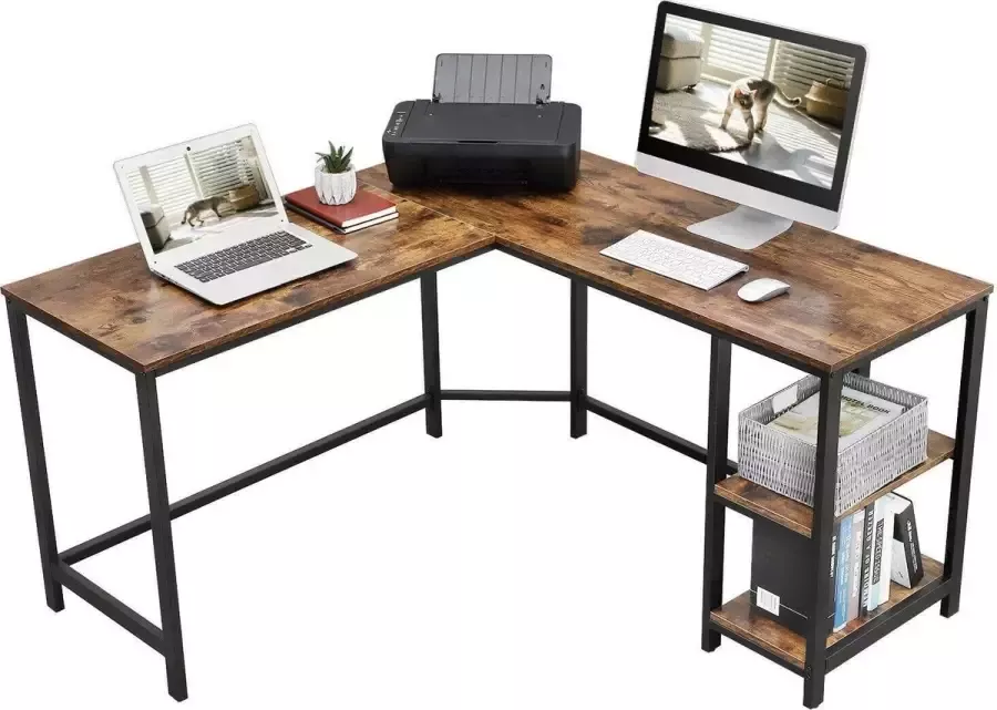 Soof & Tess Soph & Tess L-Vormig Hoekbureau met Legplanken en 2 Tafelbladen Vintage Bureau Zwart Bruin