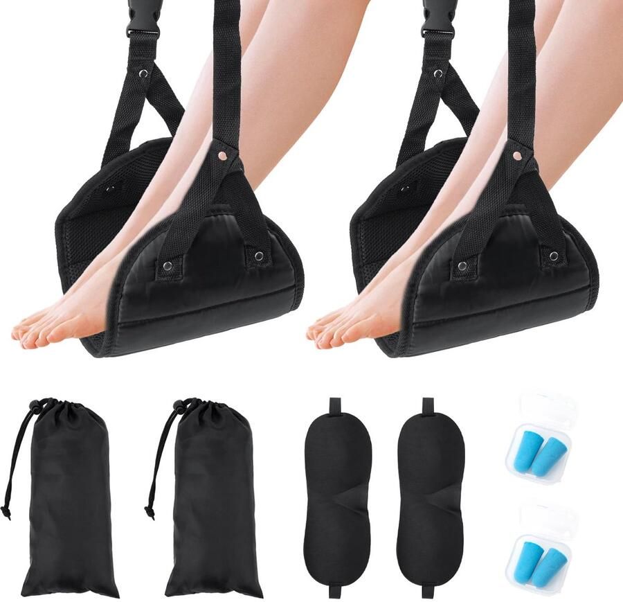Soopii Vliegtuigvoetsteun Hangmat Premium Schuim Voetenbank Draagbare Verstelbare Vliegtuigvoetsteun Biedt Comfort op Lange Reizen Zwart 2-Pack
