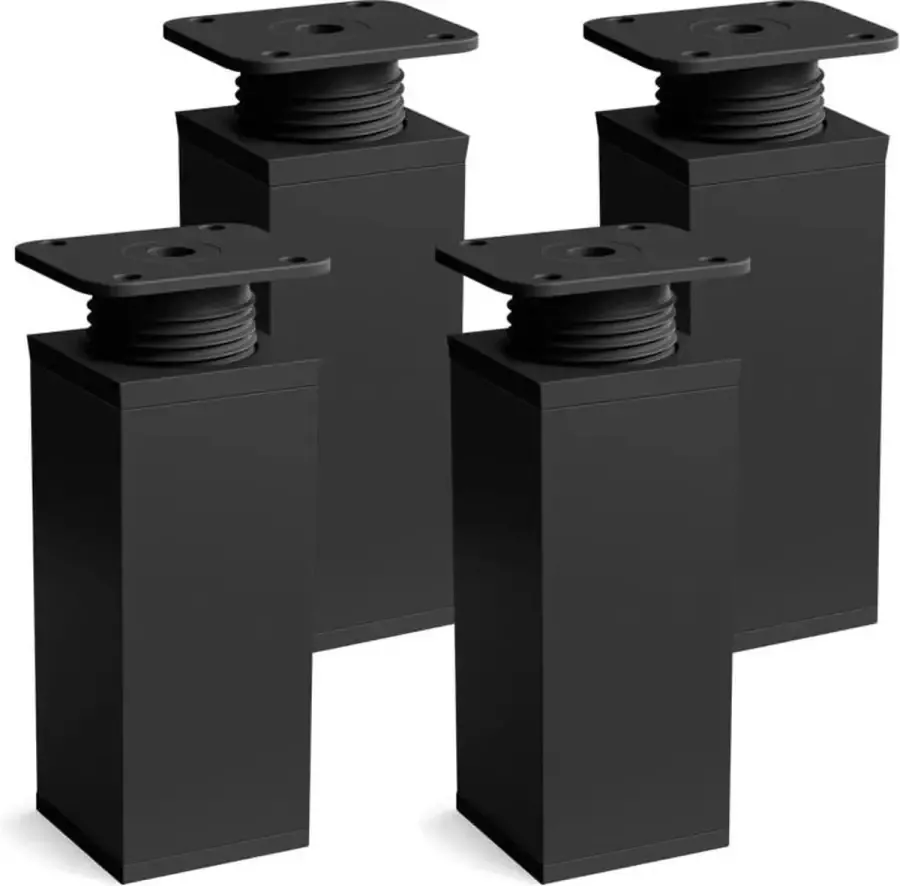 Sossai design meubelpoten MFV1 set van 4 in hoogte verstelbaar Vierkant profiel: 40 x 40 mm zwart mat Hoogte: 100 mm (+ 20 mm) Inclusief hoogwaardige houtschroeven
