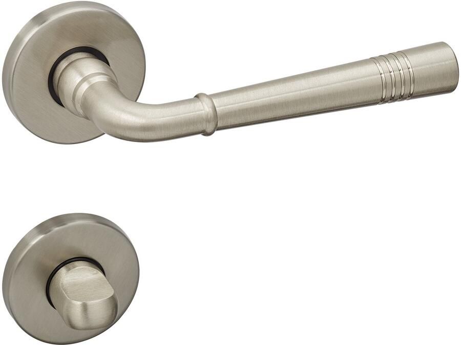 Sotech 1 Set Deurkrukgarnituur FREJA roestvrij staal look Badkamer (WC) Deurkruk op ronde rozet Set met bevestigingsmateriaal van