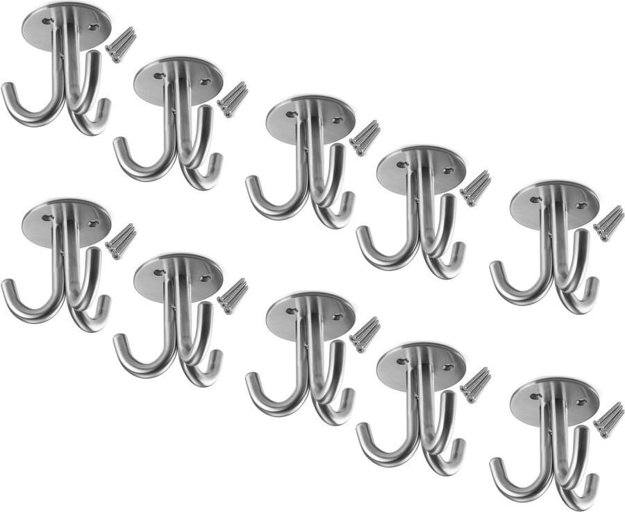 Sotech 10 stuks kapstokhaken onderbouw Nele III met 3 ophanghaakjes RVS incl. bevestigingsschroeven voor plafondmontage