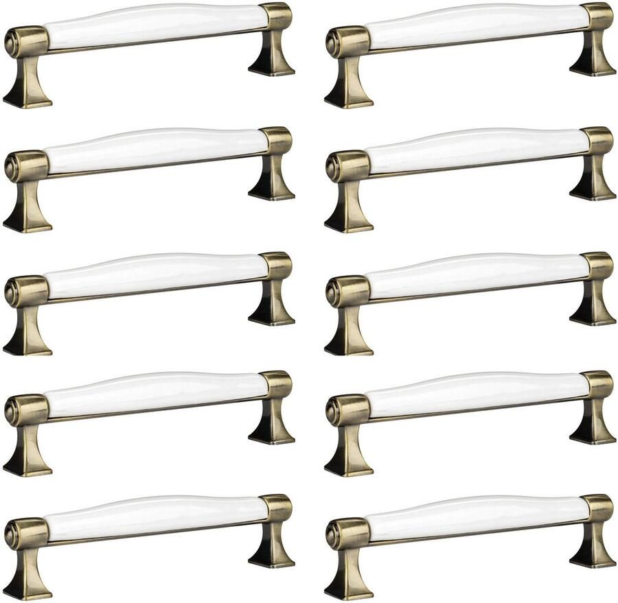 Sotech 10 x Meubelgreep MARIE Boorgatafstand 128 mm Antiek-messing-wit Porseleingreep van